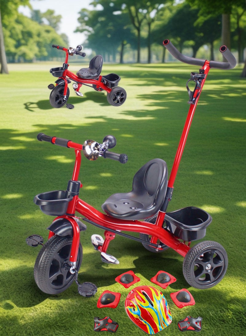 إيزي فيتشور دراجة ثلاثية العجلات للأطفال من إيزي فيوتشر، لعبة ركوب مزودة بمقبض دفع للوالدين وسلة تخزين (متوفرة بألوان الرمادي والأحمر والوردي). تتضمن العبوة مجموعة كاملة من معدات الحماية. - Image 1